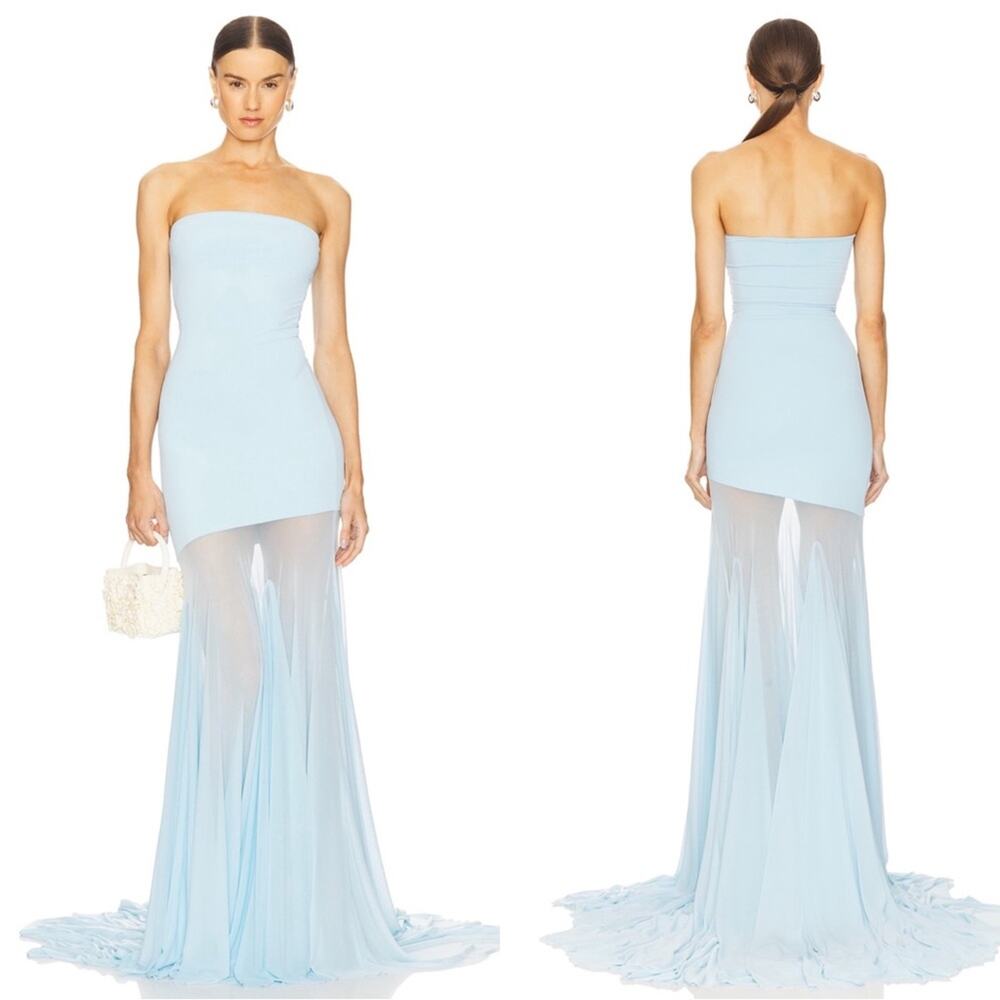 DEME By Gabriella Dahlia Strapless Sheer Blue Maxi Dress Size Medium